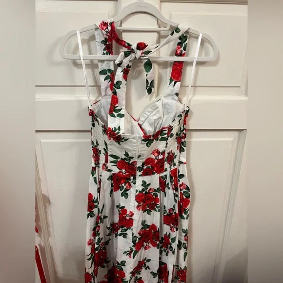 White Midi Dress with Red Rose Print - Floral Tie-Back Sundress - Picture 3 of 3